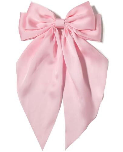 Furling Pompoms Pink Satin Hair Bow Clip for Women - Big Alligator Hair Accessory