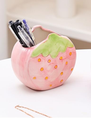 Strawberry Ceramic Makeup Brush Holder - Cute Desktop Desk Organizer