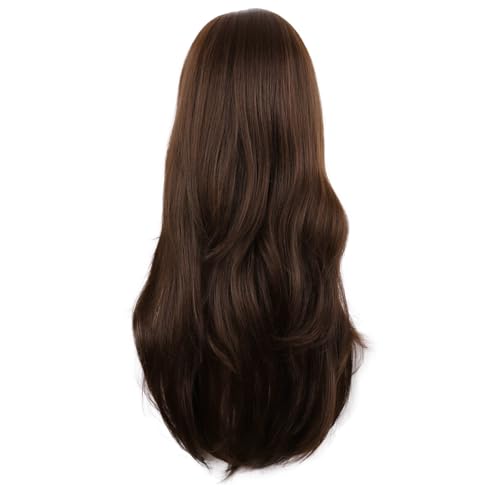 MapofBeauty 28 Inch Long Wavy Brown Wig with Flat Bangs for Cosplay