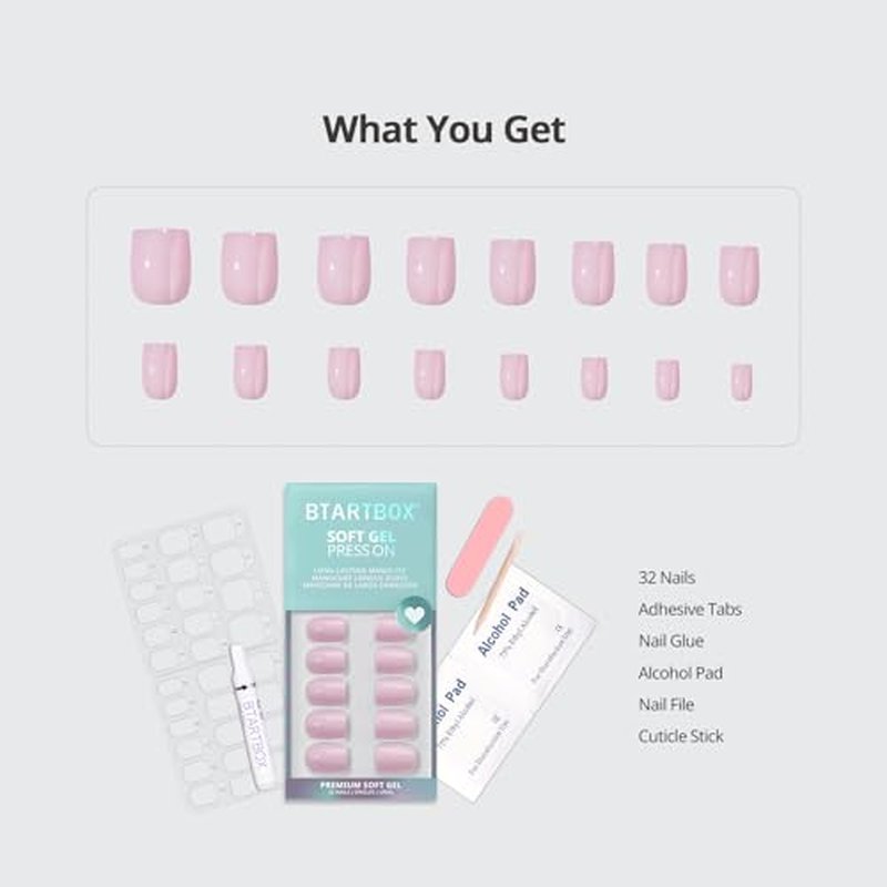 BTArtbox Press On Nails Square - Solid Pink Short Press On Nails with Glue for Women, Opaque Soft Gel Glue On Nails in 16 Sizes - 32 Stick On Nails Kit, Yoga