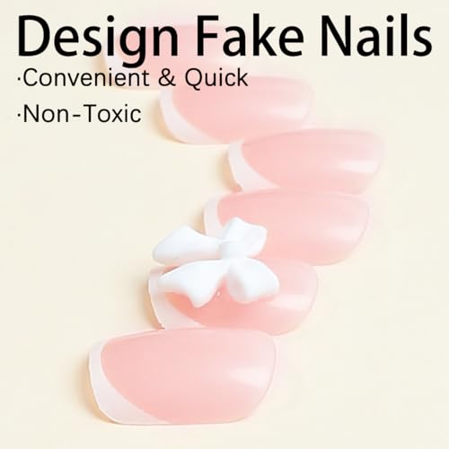 24 Pcs Bow French Tip Press On Nails - Short Square Design