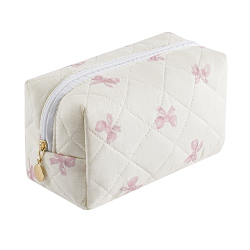 Cute Floral Cotton Makeup Bag - Quilted Cosmetic Bag with Red Bowknot, Large Capacity