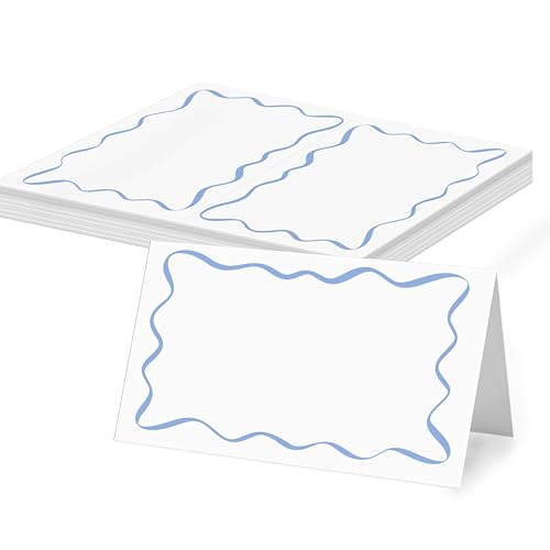 Blue Wavy Place Cards - 25 Pack Watercolor Table Tent Cards