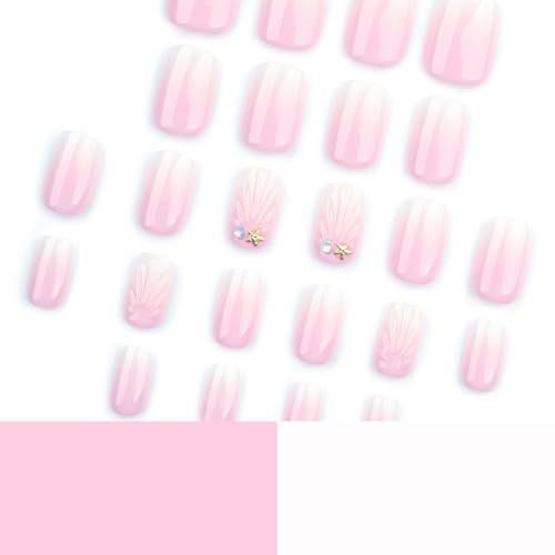 24-Piece Pink Gradient French Tip Press-On Nails with Charms, Short Square