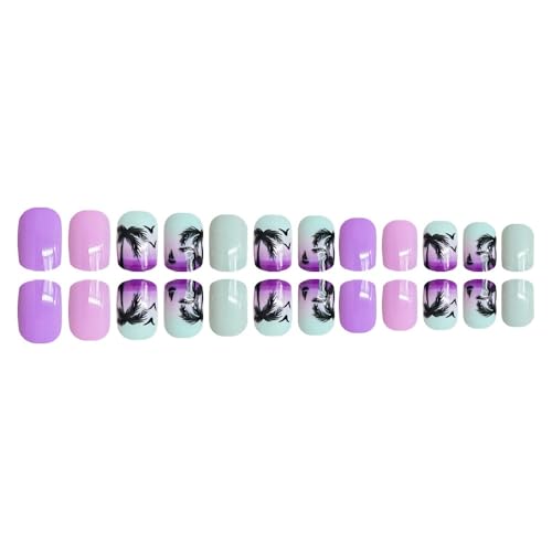 Sevgob Pattern W8 Summer Press On Nails Short Square Tropical Beach Sunset Design Glossy Ombre Blue Purple Reusable Fake Nails