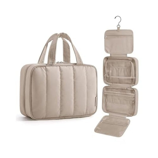 BAGSMART Travel Toiletry Bag for women, Portable Hanging Hook Makeup Bag Organizer, Waterproof Makeup Cosmetic Bag, for Full-Size Accessories, Toiletries, Camel