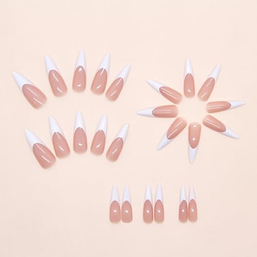IMRAIN White French Tip Press On Nails - Long Stiletto Acrylic 24 Pcs