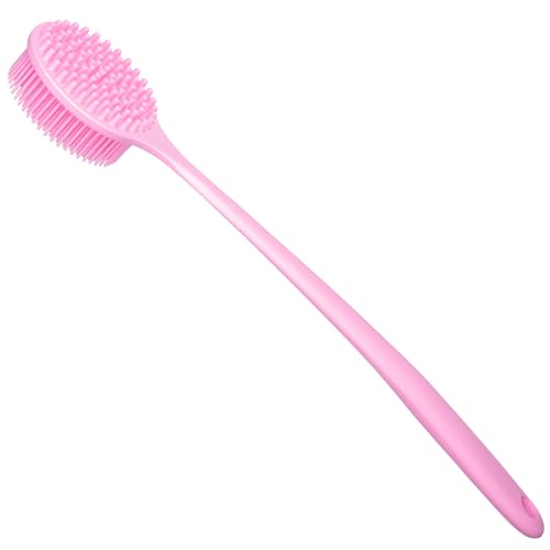 DNC Pink Silicone Back Scrubber with Long Handle - Soft Shower Body Brush