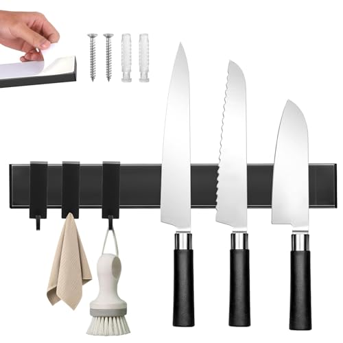 14" Magnetic Knife Holder with 3 Hooks - Heavy Duty Stainless Steel Wall Organizer