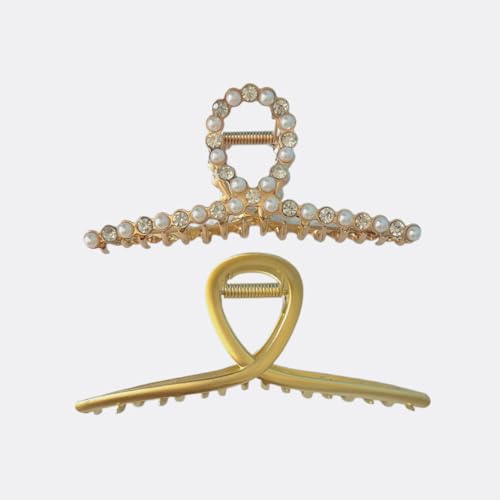 Set of 2 Large Metal Hair Claw Clips with Pearls - Gold Fashion Accessories for Women's Thick Hair