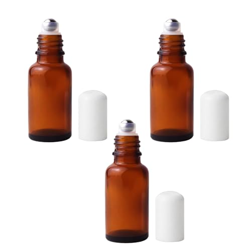 Erioctry 3 Pack 20ml Amber Glass Roller Bottles for Essential Oils & Perfumes