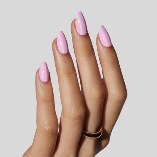 LAMIMOSA Candy Stripes Press On Nails Kit - 32 Pcs Short Almond Soft Gel