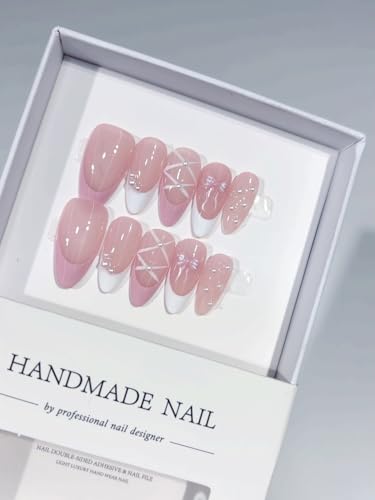 Haozerart Handmade Press On Nails - Medium Almond Pink French Tips