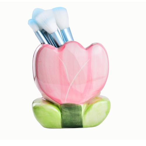 Pink Tulip Ceramic Cosmetic Storage Box - Makeup Brush Holder