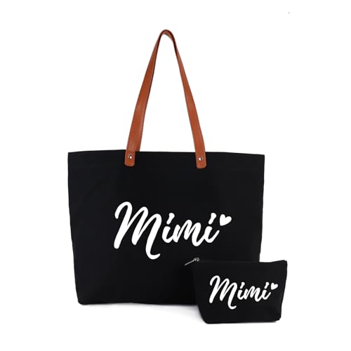 Lamyba Mother's Day Tote Bag with Makeup Bag - Gigi Nana Mimi Grandma Gift - Black - Mimi-Black