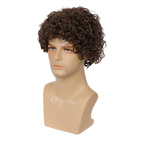 Tseses Short Curly Afro Wig for Men, Adjustable Synthetic Hair Cosplay
