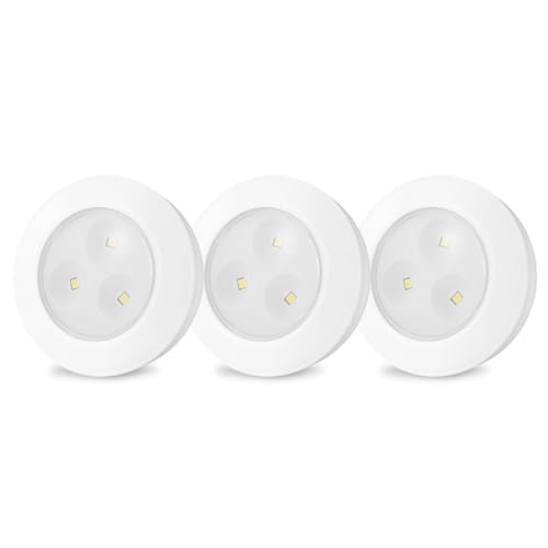 LUXSWAY Ultra-Thin LED Puck Lights, 60 Lumens, 3-Pack - Battery Operated Touch Lights for Cabinets