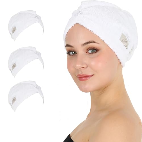 HALLEY Cotton Hair Towel Wrap - 3 Pack Super Absorbent Towels for Thick Hair (White)