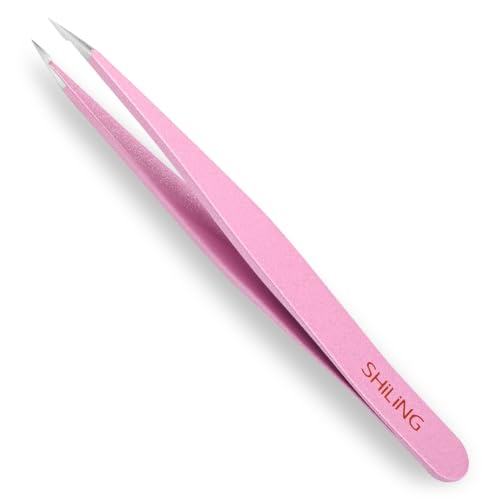 SHILING Fine Point Tweezers for Ingrown Hair & Facial Hair, 0.1mm Tip, Pink