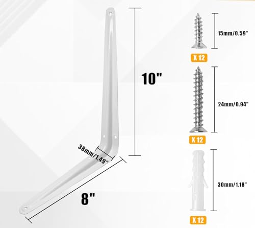 Heavy Duty White Shelf Brackets 8x10 Inch - 4 Pack with Anchors