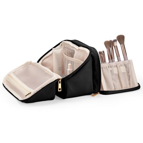 Travel Makeup Bag for Women Large Capacity Waterproof Organizer with Brush Holders - Black