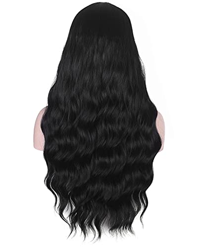 AMZCOS 30-Inch Long Wavy Black Wig with Bangs - Heat Resistant Synthetic