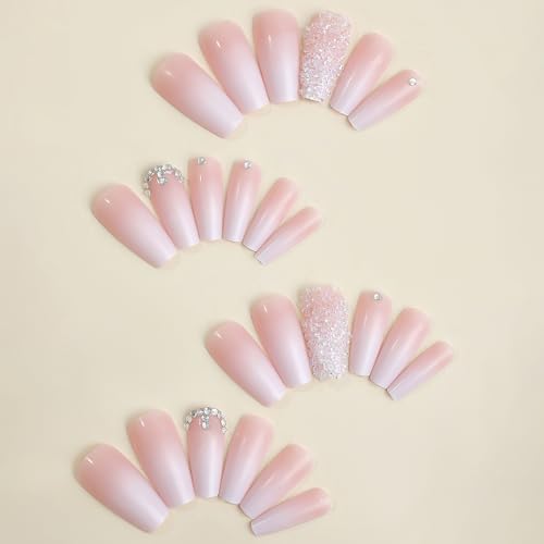 Pink Rhinestone Press On Nails - 24pcs Long Square Coffin Set