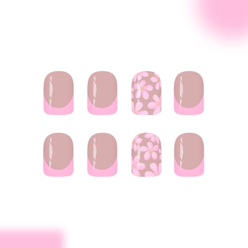 Short Nude Pink French Tip Press On Nails with Floral Design