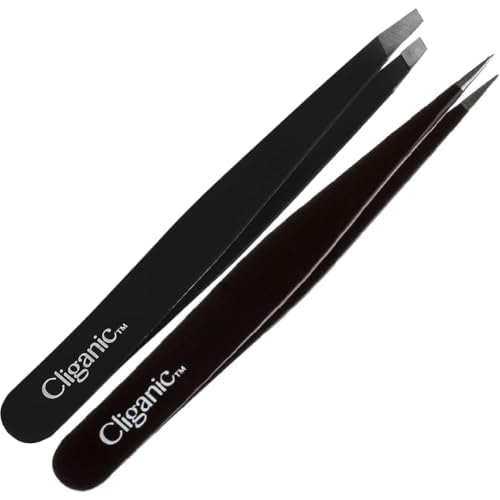Cliganic Eyebrow Tweezers Set: Slant & Point Precision Tip | For an Easy Hair Removal, Stainless Steel, For Men & Women