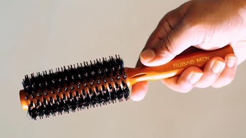 RUBAB MEN Round Hair Brush with Natural Bristle & Wooden Handle