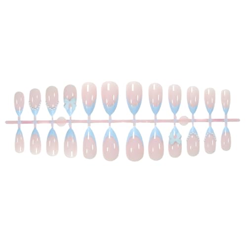 24Pcs Blue French Tip Press On Nails with 3D Bow Design