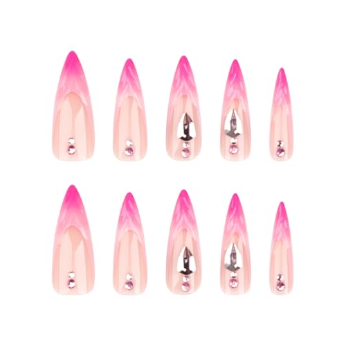 RUOKEXIN Long Stiletto Press On Nails 24Pcs French Tip Ombre with Rhinestones 3D Glossy Extra Long New Long Style 40
