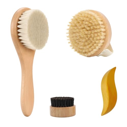 4-Piece Dry Brushing Set with Boar Bristle Body Brush and Gua Sha Tool