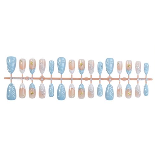 WFBBKP Blue French Tip Fake Nails - 14 Medium Almond Press-On Nails with 3D Water Ripple Design & Rhinestones - Summer Manicure