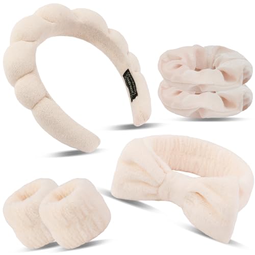 SuPoo 6pcs Khaki Spa Headband & Wristband Set - Soft Microfiber Face & Makeup Headbands