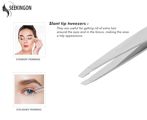 Seekingon Silver Facial Hair Tweezers for Women & Men - Precision Slant Tip
