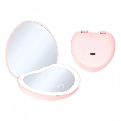Pink LED Travel Makeup Mirror - 1X/2X Magnifying, Dimmable & USB Rechargeable