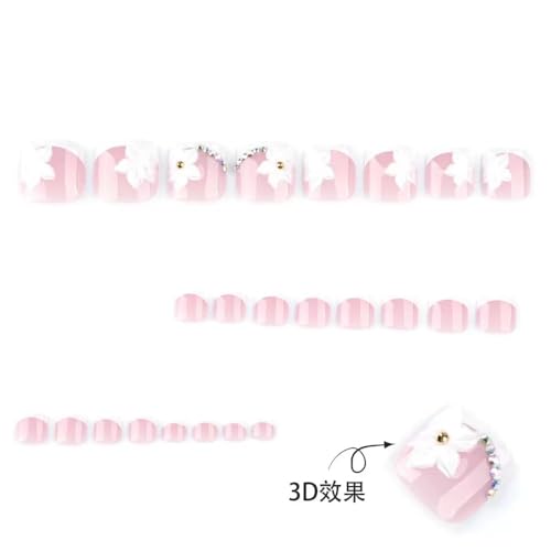Sevgob Pattern T46 Short Square French Tip Press-On Toe Nails 24Pcs - Reusable Pink & White Flower Finish for Women & Men