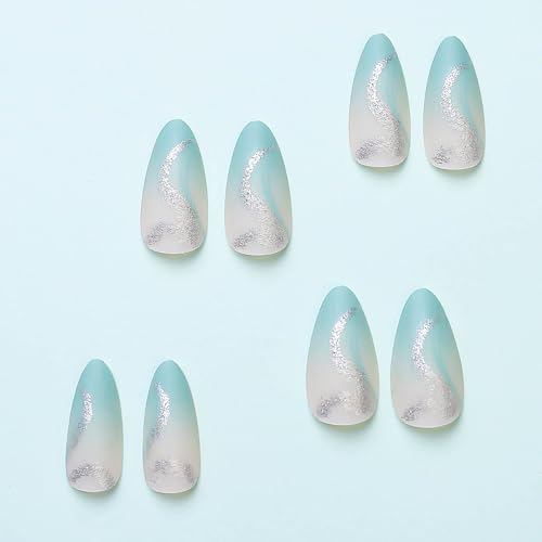 RUOKEXIN Almond Style Press On Nails - Medium Blue Ombre Fake Nails with Silver Ripple Design, 24 Pcs