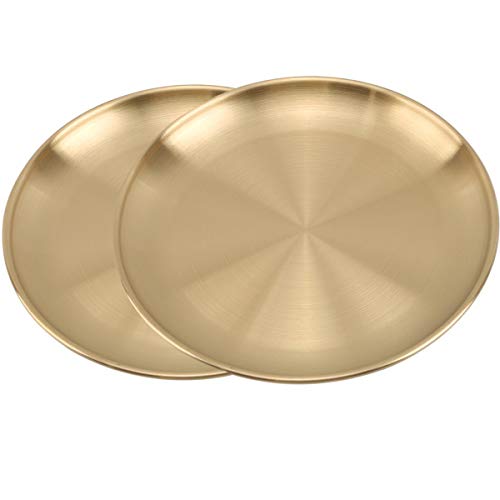 AIYoo Stainless Steel Gold Dinner Plates - 7 Inch Set of 2, Shatterproof & Lightweight for Camping