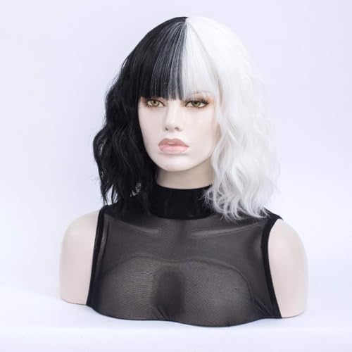 MORTICIA White and Black Short Curly Bob Wig with Bangs