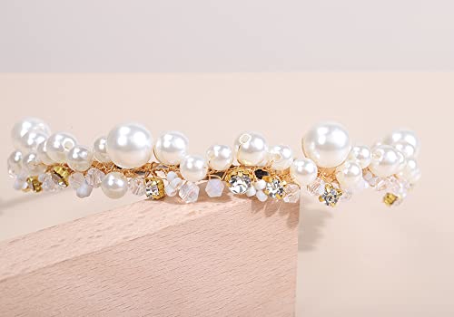 Gold Bridal Headband with Pearls and Rhinestones - Wedding Hair Accessories for Brides and Bridesmaids