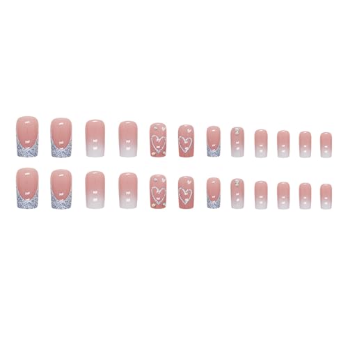 Medium Length French Tip Press-On Nails with Blue Glitter & Rhinestones - 24pcs