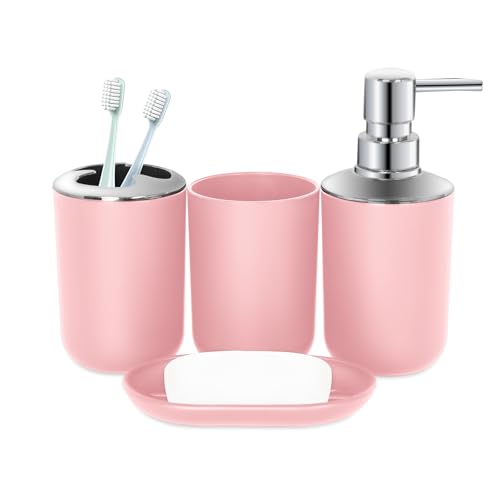 Pink Bathroom Accessory Set - 4 Piece Plastic Essentials