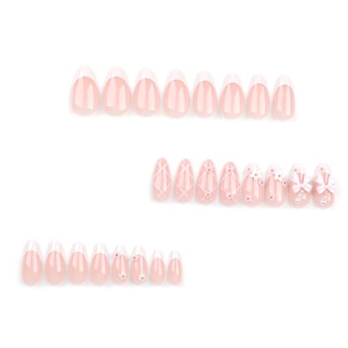 Foccna Almond Pink Rhinestone Fake Nails – Medium Bling 3D Flower Manicure 24 pcs - Variation 4