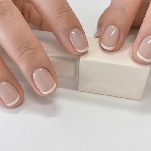 Short Almond Press on Nails - Nude White French Tip Acrylic Gel Nails