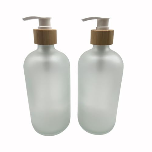 2-Pack Frosted Glass Pump Bottles 500ml with Bamboo Dispenser – Refillable, Leak-Proof, for Liquids & Personal Care (Frost Clear / 500 ML+500 ML)