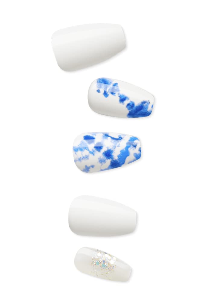Impress Press-On Nails - White Glitter & Blue Tie-Dye Design | 30 Pcs Medium Coffin Shape, Easy Peel & Press