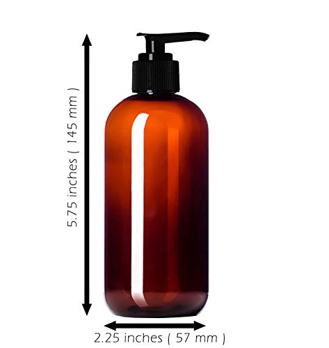 Aromine 8oz Amber Plastic Bottles with Pump Caps, 6 Pack