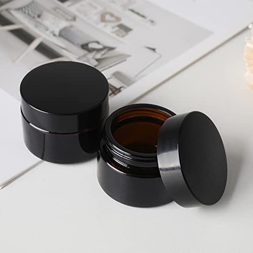 1oz Amber Glass Jar with Black Lid & Spatula - Empty Cosmetic Container